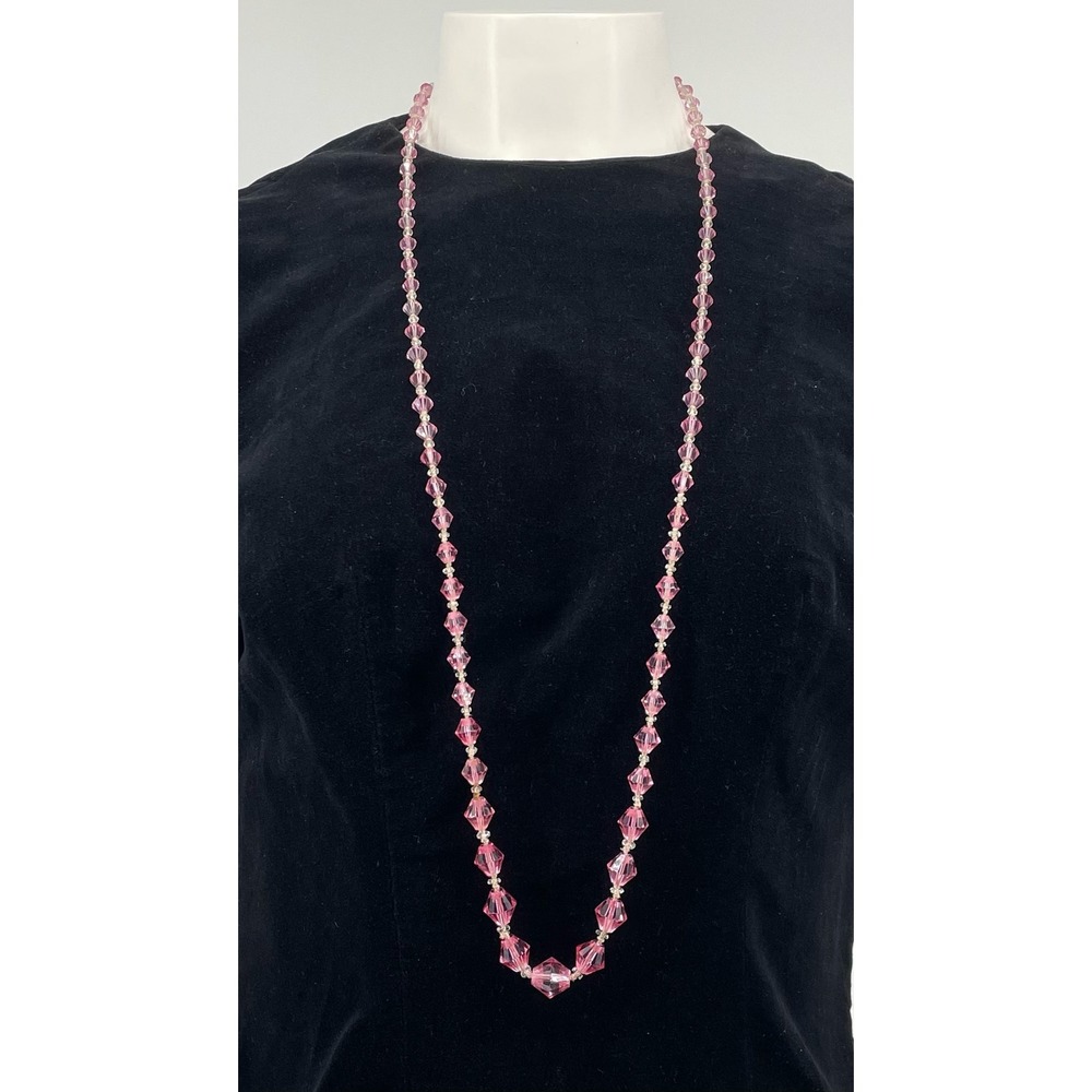 Vintage Pink Glass bicone Bead Necklace‎ Long Graduated Faceted 41" Opera length